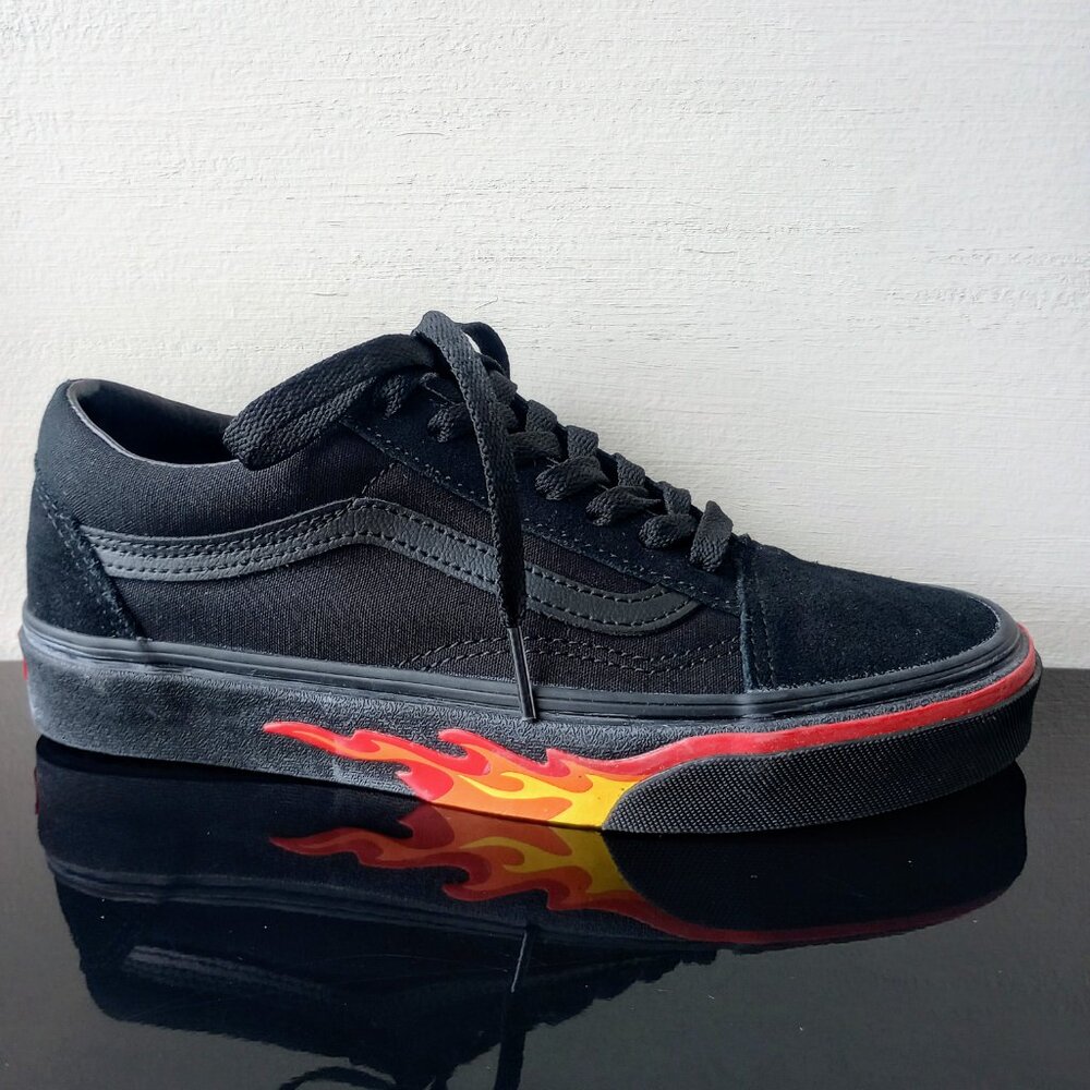 Vans Women's Old Skool Flame Wall Suede/Canvas Sneaker in Awesome Black/Black